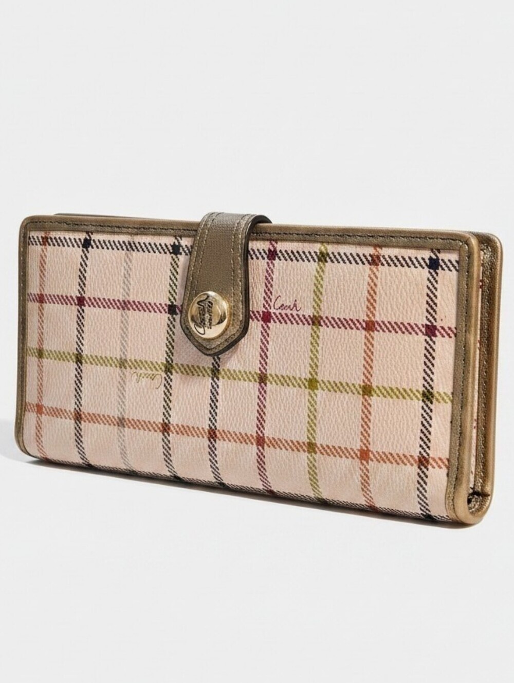 Coach Peyton Tattersall Checkbook Wallet Pink Plaid Long Wallet Organizer